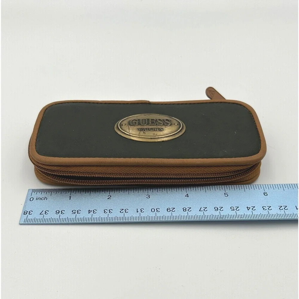 Vintage Guess Watches Travel Case Green Brown Zip Around Pouch Brass Logo